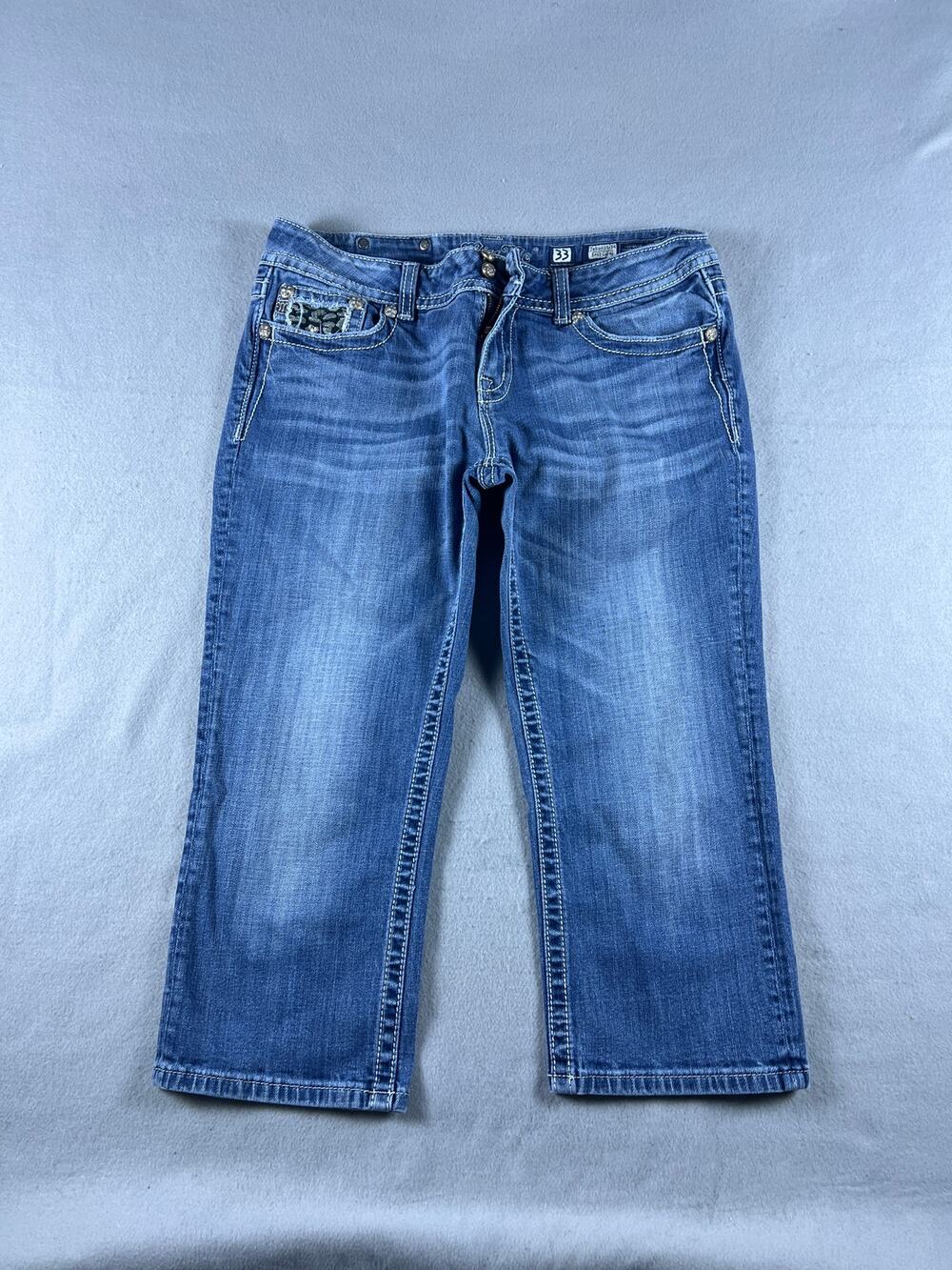 Miss Me Easy Capri Jeans Womens 33 Blue Sequins Rhinestones Flap Pockets Denim